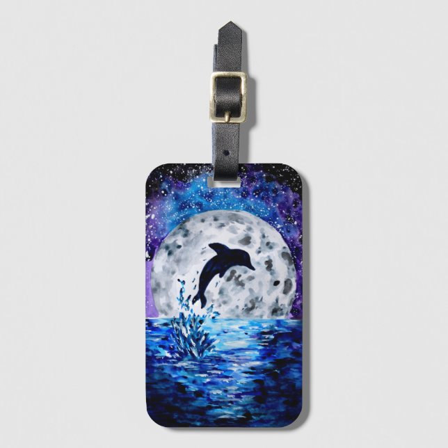 Dolphin Ocean and Moon Luggage Tag (Front Vertical)