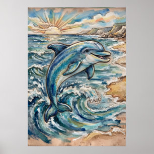 Dolphin Ocean Wave Watercolour Poster