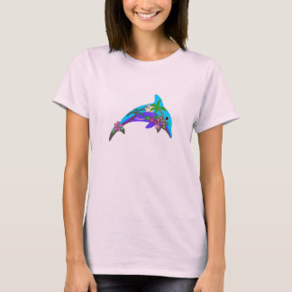 Dolphin Outline Hawaiian Sunset Palm Trees T-Shirt