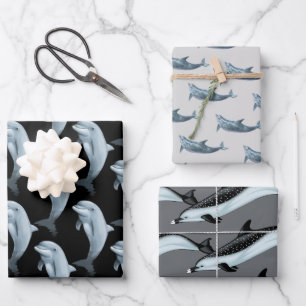 Dolphin Pattern Black Grey Wrapping Paper