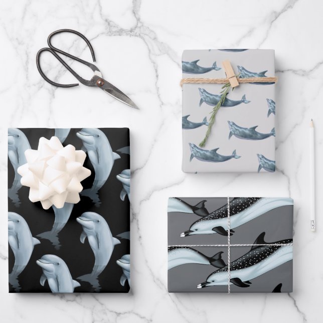 Dolphin Pattern Black Grey Wrapping Paper (Front)