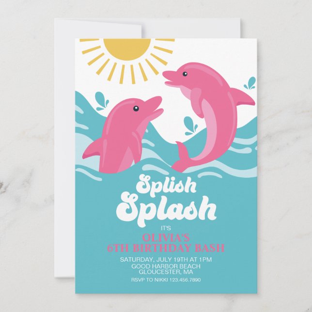 Dolphin Pink and Purple Birthday Invitation (Front)