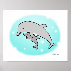 Dolphin Poster Cute Mum & Baby Dolphin Nursery Art