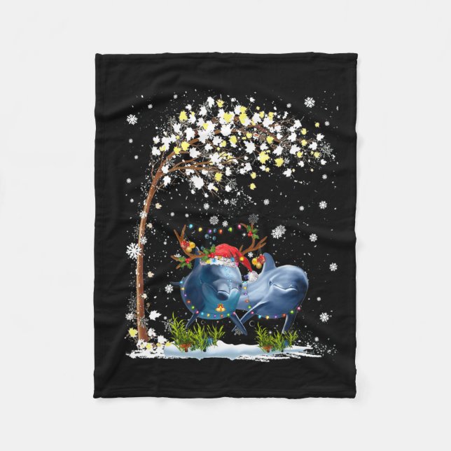 Dolphin Reindeer Hat Santa Christmas Tree Funny Xm Fleece Blanket (Front)