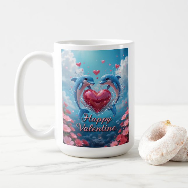 Dolphin Rose Valentine Romantic Ocean Love Coffee Mug (With Donut)