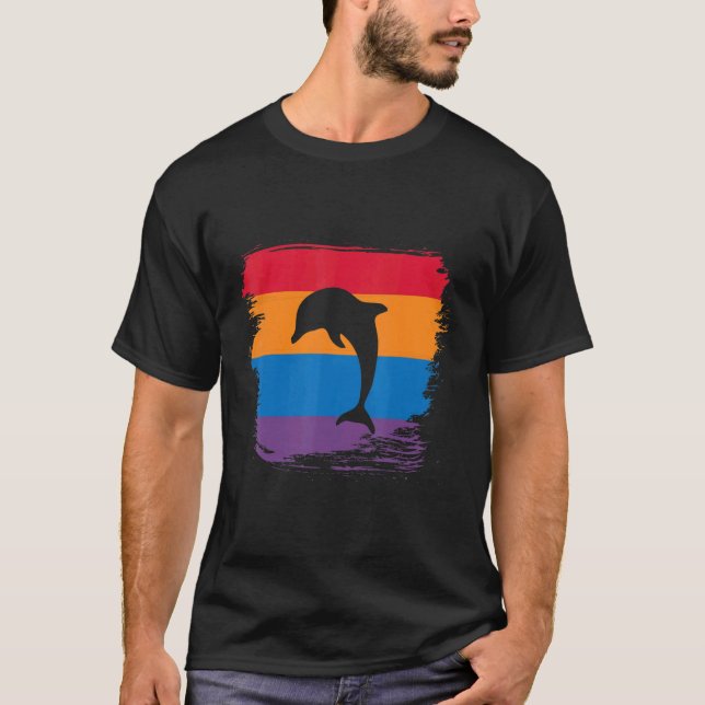 Dolphin Shadow Silhouette With Colourful Flag T-Shirt (Front)