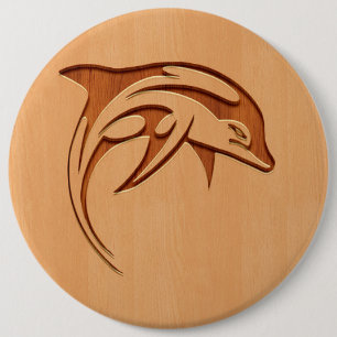 Dolphin silhouette engraved on wood design 6 cm round badge