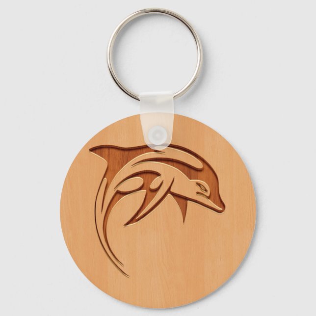 Dolphin silhouette engraved on wood design key ring (Front)