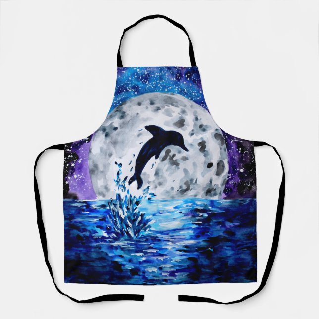 Dolphin Silhouette Ocean and Moon Apron (Front)