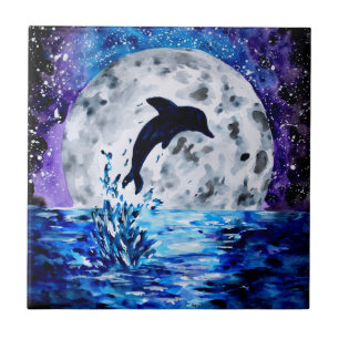 Dolphin Silhouette Ocean and Moon Tile