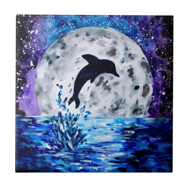 Dolphin Silhouette Ocean and Moon Tile (Front)