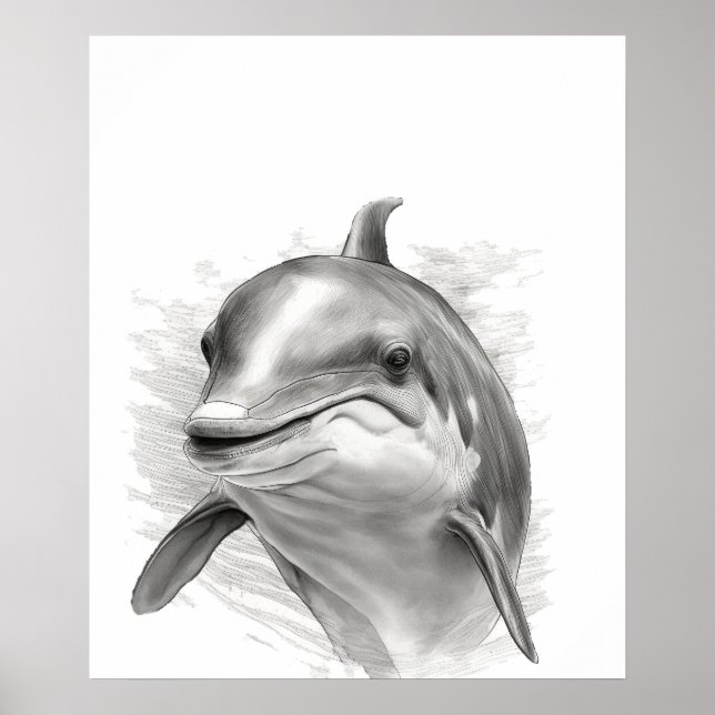 Dolphin Sketch Portrait  Black white Poster (Front)