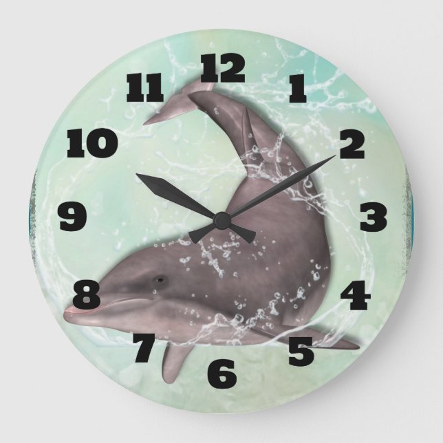 Dolphin Splashing Around in Aqua Green Water Large Clock (Front)