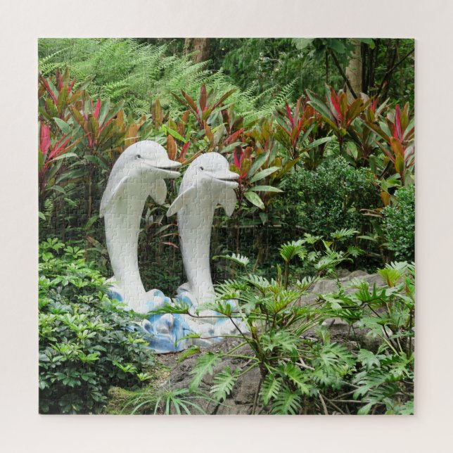 Dolphin, statue, park, plants, flowers, nature, jigsaw puzzle (Vertical)