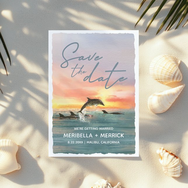 Dolphin Sunset Beach Watercolor Wedding Save The Date (Creator Uploaded)