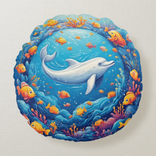 Dolphin Surrounded by Vibrant Tropical Fish Round Cushion