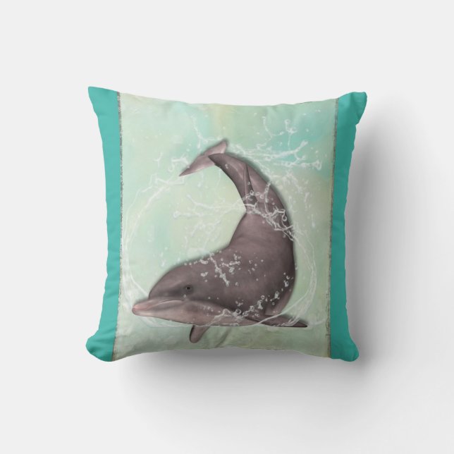 Dolphin Swimming Around in Cool Green Water Cushion (Front)