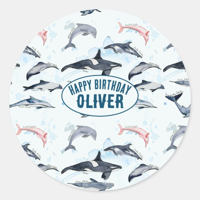 Dolphin theme party kids watercolor drawing classic round sticker (Front)