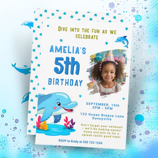 Dolphin Themed Sea Animal Kids Birthday Photo Invitation (Creator Uploaded)