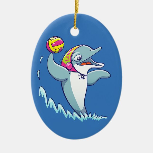 Dolphin throwing the ball while playing water polo ceramic tree decoration (Front)