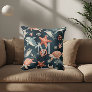 Dolphin Turtle Marine Life Coastal Nursery Decor Cushion