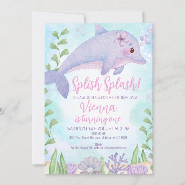 Dolphin Under the Sea 1st Birthday Invitation (Front)