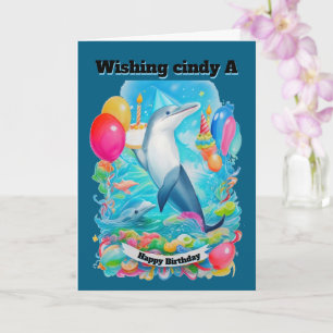Dolphin Wearing birthday hat holding cake birthday Card