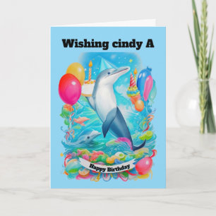 Dolphin Wearing birthday hat holding cake birthday Card