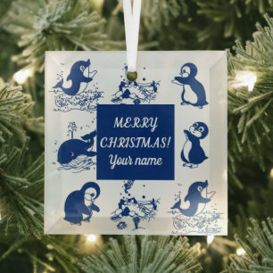 Dolphin, Whales and Penguins Glass Tree Decoration