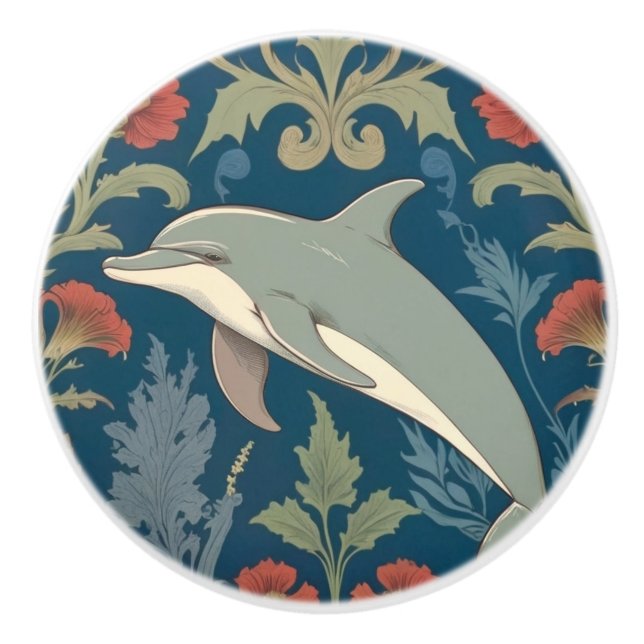 Dolphin William Morris style Nautical floral Left Ceramic Knob (Front)