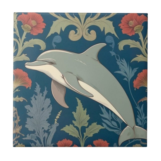 Dolphin William Morris style Nautical floral Left Tile (Front)