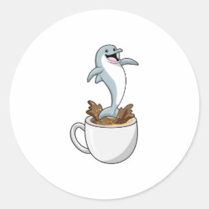 Dolphin with Cup of Coffee Classic Round Sticker