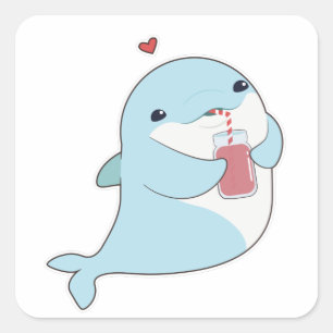 Dolphin with Drink & Heart Square Sticker