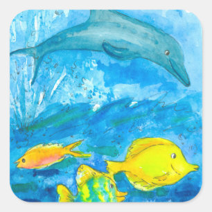 Dolphin Yellow Tang Tropical Fish Square Sticker