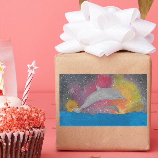 Dolphins Against a Galaxy Sky Rectangular Sticker (Party)