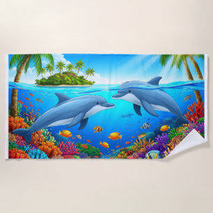 Dolphins and Colourful Coral Reef Beach Towel
