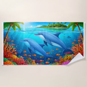 Dolphins and Colourful Coral Reef Beach Towel