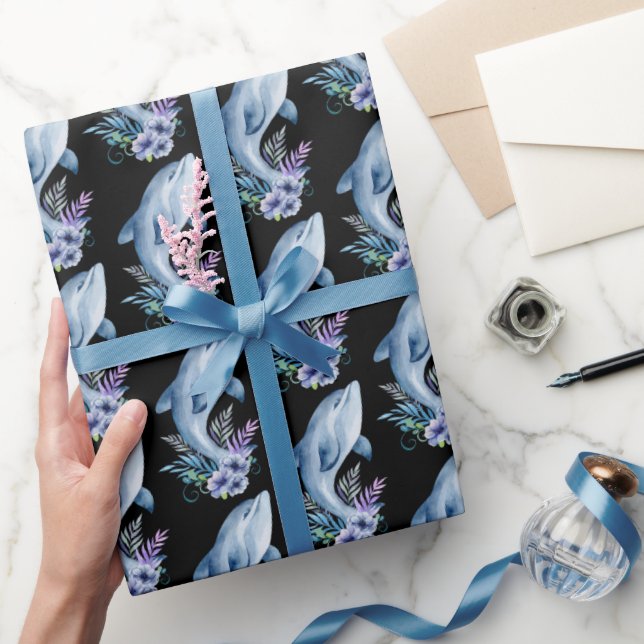 Dolphins and Flowers On Black Wrapping Paper (Gifting)