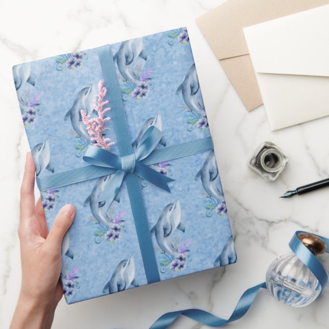 Dolphins and Flowers On Blue Wrapping Paper (Gifting)