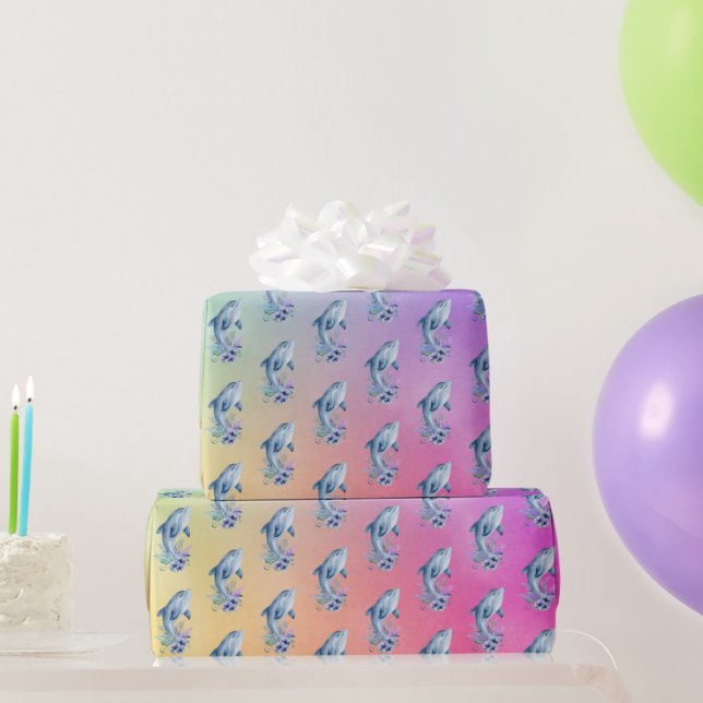 Dolphins and Flowers On Rainbow Background Wrapping Paper (Party Gifts)