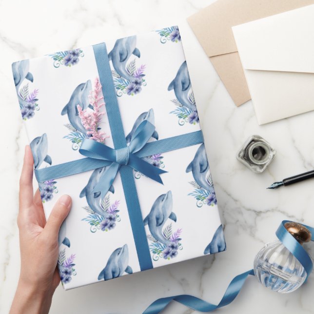 Dolphins and Flowers On White Wrapping Paper (Gifting)