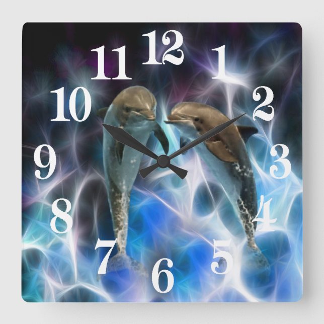 Dolphins and fractal crystals square wall clock (Front)