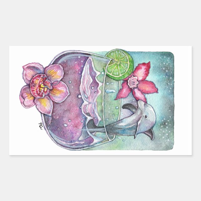 Dolphins and Orchids Rectangular Sticker (Front)