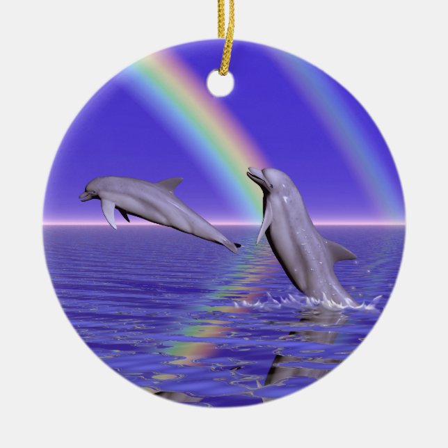 Dolphins and Rainbow Ceramic Tree Decoration (Front)