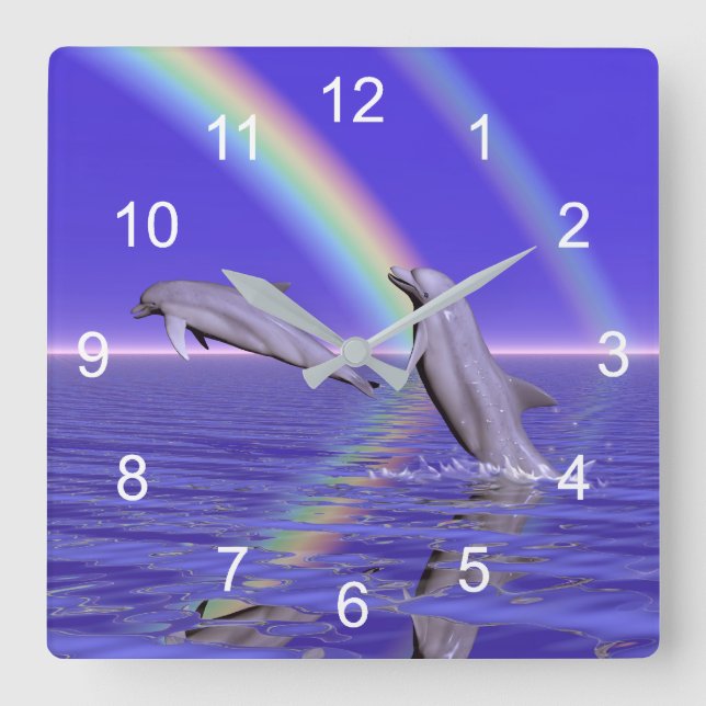 Dolphins and Rainbow Square Wall Clock (Front)