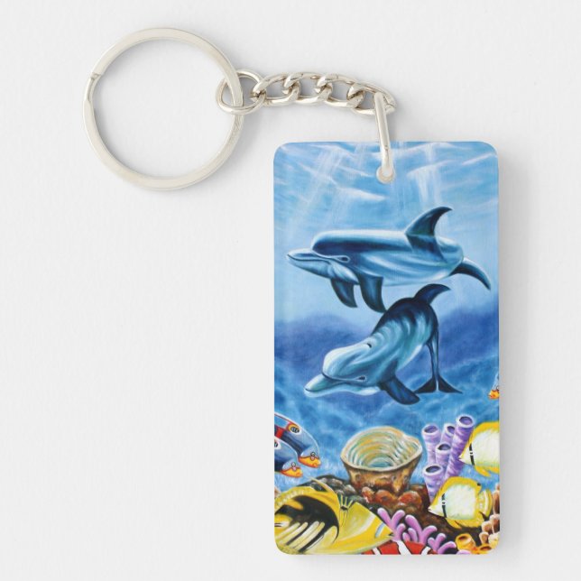 Dolphins and Tropical Fish Art Key Ring (Front)
