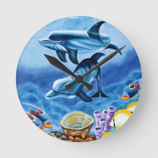 Dolphins and Tropical Fish Art Round Clock