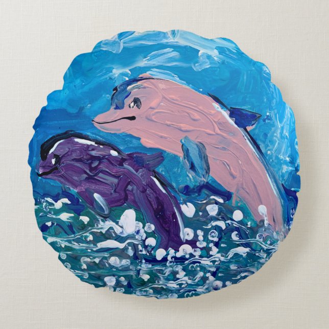 Dolphins "Art by Kids" Round Cushion (Front)