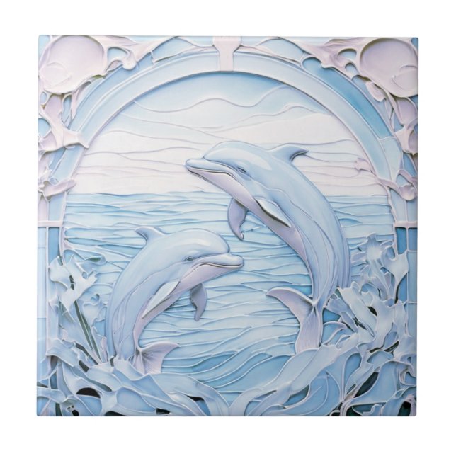 Dolphins Art Nouveau Faux Relief Vintage Antique Tile (Front)