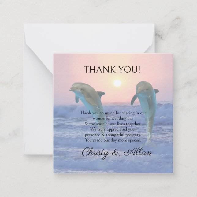 Dolphins at sunrise beach wedding thank you note card (Front)